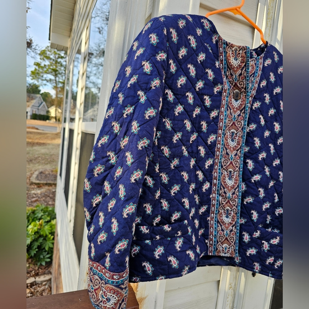 Vintage 70s Quilted Vera Bradley USA Blue Paisley Coat Jacket size L Indiana - Picture 3 of 10
